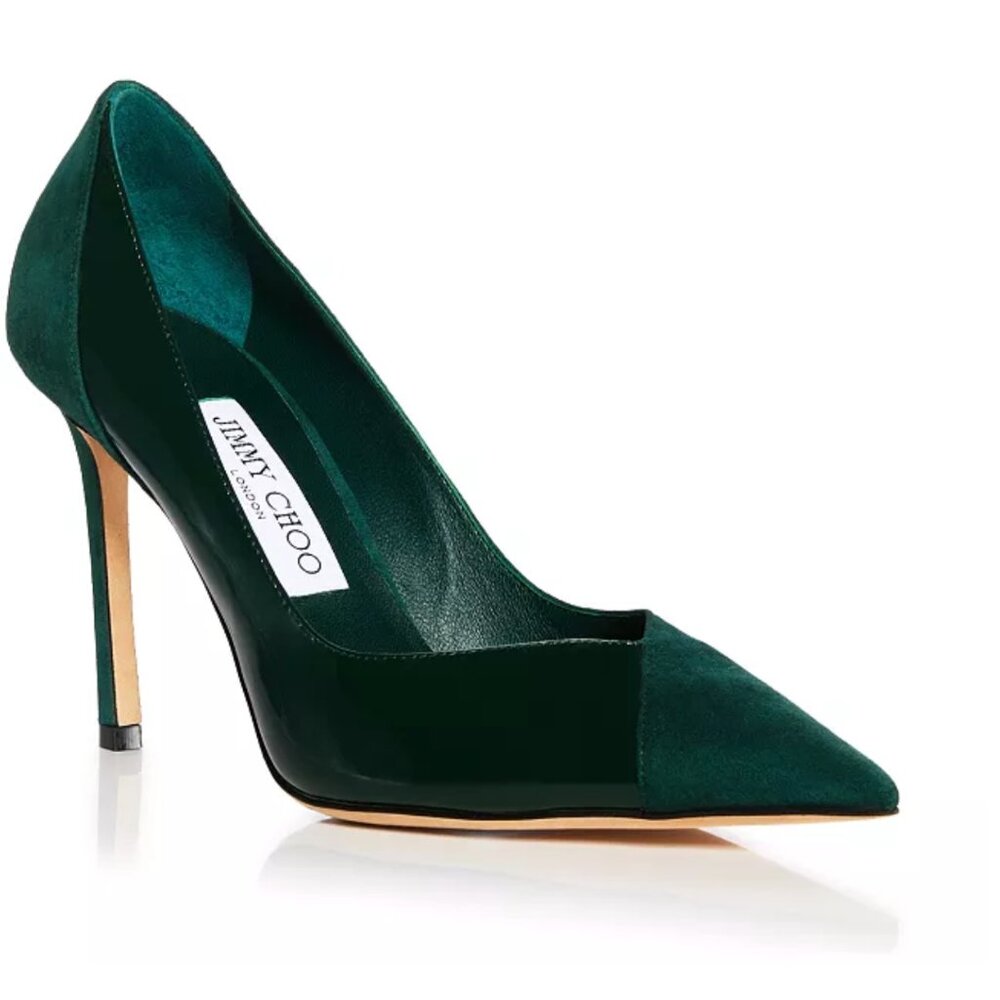 JIMMY CHOO CASS 95 DARK GREEN (suede/patent leather) SIZE 38